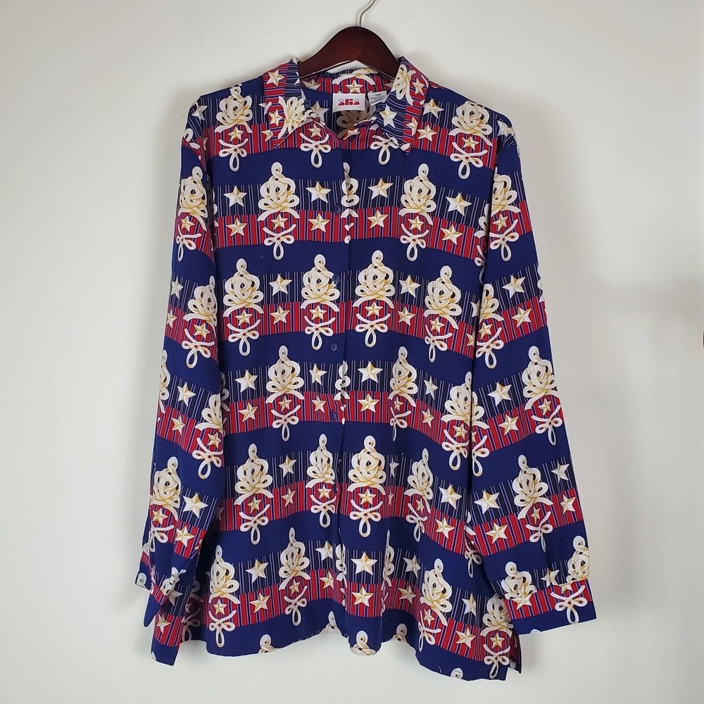Alia Petites Gold Star Print Blouse Size 24W Red Blue Vintage 90s Y2K